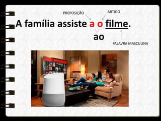 A família assiste a o filme.
ao
PREPOSIÇÃO ARTIGO
PALAVRA MASCULINA
 