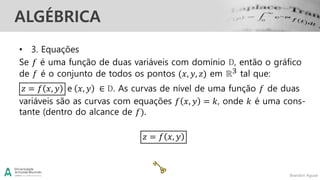 Brandon Aguiar
ALGÉBRICA
• 3. Equações
Se 𝑓 é uma função de duas variáveis com domínio D, então o gráfico
de 𝑓 é o conjunto de todos os pontos (𝑥, 𝑦, 𝑧) em ℝ3 tal que:
𝑧 = 𝑓 𝑥, 𝑦 e 𝑥, 𝑦 ∈ D. As curvas de nível de uma função 𝑓 de duas
variáveis são as curvas com equações 𝑓 𝑥, 𝑦 = 𝑘, onde 𝑘 é uma cons-
tante (dentro do alcance de 𝑓).
𝑧 = 𝑓 𝑥, 𝑦
 