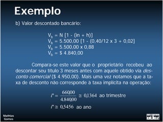 Exemplo
          b) Valor descontado bancário:

                        Vb   =   N [1 - (in + h)]
                        Vb   =   5.500,00 [1 - (0,40/12 x 3 + 0,02]
                        Vb   =   5.500,00 x 0,88
                        Vb   =   $ 4.840,00

                 Compara-se este valor que o proprietário recebeu ao
          descontar seu título 3 meses antes com aquele obtido via des-
          conto comercial ($ 4.950,00). Mais uma vez notamos que a ta-
          xa de desconto não corresponde à taxa implícita na operação:
                               66000
                                  ,
                         i" =         ≅ 0,1364 ao trimestre
                              4.84000
                                    ,
                         i" ≅ 0,5456 ao ano
Mathias
Gomes
 