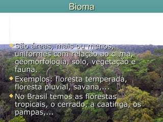 BiomaBioma
 São áreas, mais ou menos,São áreas, mais ou menos,
uniformes com relação ao clima,uniformes com relação ao clima,
geomorfologia, solo, vegetação egeomorfologia, solo, vegetação e
fauna.fauna.
 Exemplos: floresta temperada,Exemplos: floresta temperada,
floresta pluvial, savana,...floresta pluvial, savana,...
 No Brasil temos as florestasNo Brasil temos as florestas
tropicais, o cerrado, a caatinga, ostropicais, o cerrado, a caatinga, os
pampas,...pampas,...
 