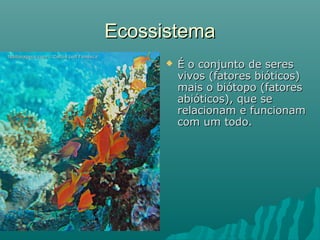 EcossistemaEcossistema
 É o conjunto de seresÉ o conjunto de seres
vivos (fatores bióticos)vivos (fatores bióticos)
mais o biótopo (fatoresmais o biótopo (fatores
abióticos), que seabióticos), que se
relacionam e funcionamrelacionam e funcionam
com um todo.com um todo.
 