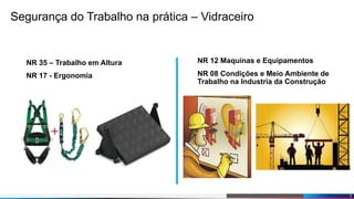 Diogo Martins
Segurança do Trabalho na prática – Vidraceiro
NR 35 – Trabalho em Altura NR 12 Maquinas e Equipamentos
7
NR 17 - Ergonomia NR 08 Condições e Meio Ambiente de
Trabalho na Industria da Construção
 