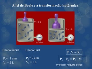 A lei de Boyle e a transformação isotérmica




Estado inicial   Estado final
                                             P .V = K
P1= 1 atm        P2 = 2 atm            P1 . V1 = P2 . V2
V1 = 2 L         V2 = 1 L
                                    Professor Augusto Sérgio
 
