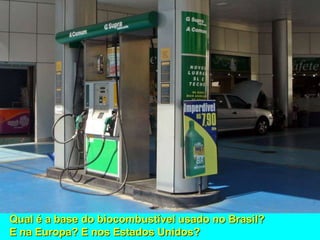 Qual é a base do biocombustível usado no Brasil?
E na Europa? E nos Estados Unidos?
 
