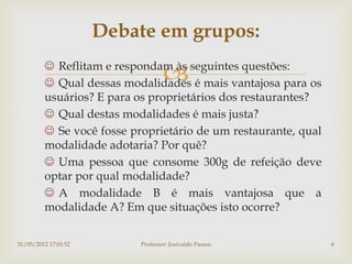 Debate em grupos:

                                   
          Reflitam e respondam às seguintes questões:
          Qual dessas modalidades é mais vantajosa para os
         usuários? E para os proprietários dos restaurantes?
          Qual destas modalidades é mais justa?
          Se você fosse proprietário de um restaurante, qual
         modalidade adotaria? Por quê?
          Uma pessoa que consome 300g de refeição deve
         optar por qual modalidade?
          A modalidade B é mais vantajosa que a
         modalidade A? Em que situações isto ocorre?


31/05/2012 17:01:52        Professor: Josivaldo Passos          6
 