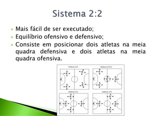  Mais fácil de ser executado;
 Equilíbrio ofensivo e defensivo;
 Consiste em posicionar dois atletas na meia
quadra defensiva e dois atletas na meia
quadra ofensiva.
 