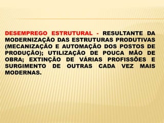 DESEMPREGO ESTRUTURAL - RESULTANTE DA
MODERNIZAÇÃO DAS ESTRUTURAS PRODUTIVAS
(MECANIZAÇÃO E AUTOMAÇÃO DOS POSTOS DE
PRODUÇÃO); UTILIZAÇÃO DE POUCA MÃO DE
OBRA; EXTINÇÃO DE VÁRIAS PROFISSÕES E
SURGIMENTO DE OUTRAS CADA VEZ MAIS
MODERNAS.
 