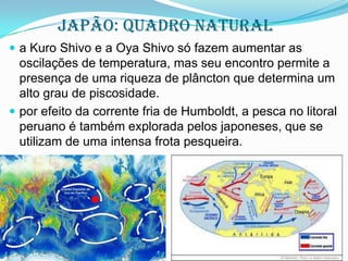 Japão: QUADRO NATURAL
 a Kuro Shivo e a Oya Shivo só fazem aumentar as

oscilações de temperatura, mas seu encontro permite a
presença de uma riqueza de plâncton que determina um
alto grau de piscosidade.
 por efeito da corrente fria de Humboldt, a pesca no litoral
peruano é também explorada pelos japoneses, que se
utilizam de uma intensa frota pesqueira.

 