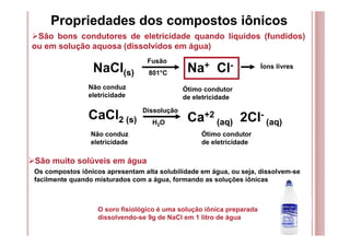 Propriedades dos compostos iônicos
São bons condutores de eletricidade quando líquidos (fundidos)
ou em solução aquosa (dissolvidos em água)
NaCl(s)
São muito solúveis em água
Não conduz
eletricidade
Na+ Cl-
Ótimo condutor
de eletricidade
801°C
Íons livres
Fusão
CaCl2 (s)
Não conduz
eletricidade
Ca+2
(aq) 2Cl-
(aq)
Ótimo condutor
de eletricidade
H2O
Dissolução
Os compostos iônicos apresentam alta solubilidade em água, ou seja, dissolvem-se
facilmente quando misturados com a água, formando as soluções iônicas
O soro fisiológico é uma solução iônica preparada
dissolvendo-se 9g de NaCl em 1 litro de água
 