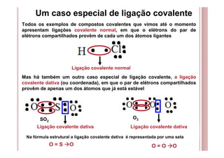 Um caso especial de ligação covalente
Todos os exemplos de compostos covalentes que vimos até o momento
apresentam ligações covalente normal, em que o elétrons do par de
elétrons compartilhados provêm de cada um dos átomos ligantes
Ligação covalente normal
Mas há também um outro caso especial de ligação covalente, a ligação
covalente dativa (ou coordenada), em que o par de elétrons compartilhados
provêm de apenas um dos átomos que já está estável
O = S O
SO2
Ligação covalente dativa
Na fórmula estrutural a ligação covalente dativa é representada por uma seta
O3
O = O O
Ligação covalente dativa
 
