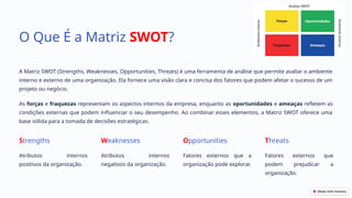 O Que É a Matriz SWOT?
A Matriz SWOT (Strengths, Weaknesses, Opportunities, Threats) é uma ferramenta de análise que permite avaliar o ambiente
interno e externo de uma organização. Ela fornece uma visão clara e concisa dos fatores que podem afetar o sucesso de um
projeto ou negócio.
As forças e fraquezas representam os aspectos internos da empresa, enquanto as oportunidades e ameaças refletem as
condições externas que podem influenciar o seu desempenho. Ao combinar esses elementos, a Matriz SWOT oferece uma
base sólida para a tomada de decisões estratégicas.
Strengths
Atributos internos
positivos da organização.
Weaknesses
Atributos internos
negativos da organização.
Opportunities
Fatores externos que a
organização pode explorar.
Threats
Fatores externos que
podem prejudicar a
organização.
 