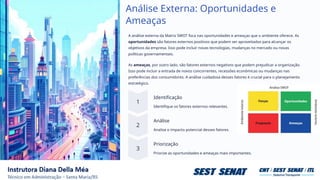 Análise Externa: Oportunidades e
Ameaças
A análise externa da Matriz SWOT foca nas oportunidades e ameaças que o ambiente oferece. As
oportunidades são fatores externos positivos que podem ser aproveitados para alcançar os
objetivos da empresa. Isso pode incluir novas tecnologias, mudanças no mercado ou novas
políticas governamentais.
As ameaças, por outro lado, são fatores externos negativos que podem prejudicar a organização.
Isso pode incluir a entrada de novos concorrentes, recessões econômicas ou mudanças nas
preferências dos consumidores. A análise cuidadosa desses fatores é crucial para o planejamento
estratégico.
Identificação
Identifique os fatores externos relevantes.
Análise
Analise o impacto potencial desses fatores.
Priorização
Priorize as oportunidades e ameaças mais importantes.
 