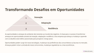 Transformando Desafios em Oportunidades
1
Inovação
2 Adaptação
3 Resiliência
As oportunidades e ameaças do ambiente são inerentes ao mundo dos negócios. A chave para o sucesso é transformar
ameaças em oportunidades através da inovação, adaptação e resiliência. Uma empresa que abraça a mudança e aprende
com os desafios está melhor posicionada para prosperar a longo prazo.
Oportunidades podem surgir de novas tecnologias, mudanças nas preferências dos consumidores ou lacunas no mercado.
Ameaças podem incluir a entrada de novos concorrentes, mudanças regulatórias ou crises econômicas.
 