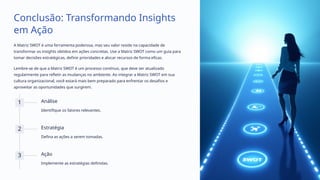 Conclusão: Transformando Insights
em Ação
A Matriz SWOT é uma ferramenta poderosa, mas seu valor reside na capacidade de
transformar os insights obtidos em ações concretas. Use a Matriz SWOT como um guia para
tomar decisões estratégicas, definir prioridades e alocar recursos de forma eficaz.
Lembre-se de que a Matriz SWOT é um processo contínuo, que deve ser atualizado
regularmente para refletir as mudanças no ambiente. Ao integrar a Matriz SWOT em sua
cultura organizacional, você estará mais bem preparado para enfrentar os desafios e
aproveitar as oportunidades que surgirem.
1 Análise
Identifique os fatores relevantes.
2 Estratégia
Defina as ações a serem tomadas.
3 Ação
Implemente as estratégias definidas.
 