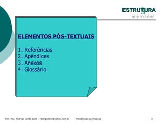 ESTRUTURA ELEMENTOS PÓS-TEXTUAIS 1. Referências 2. Apêndices 3. Anexos 4. Glossário 