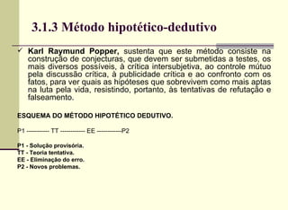 3.1.3 Método hipotético-dedutivo Karl Raymund Popper,  sustenta que este método consiste na construção de conjecturas, que devem ser submetidas a testes, os mais diversos possíveis, à crítica intersubjetiva, ao controle mútuo pela discussão crítica, à publicidade crítica e ao confronto com os fatos, para ver quais as hipóteses que sobrevivem como mais aptas na luta pela vida, resistindo, portanto, às tentativas de refutação e falseamento. ESQUEMA DO MÉTODO HIPOTÉTICO DEDUTIVO.   P1 ----------- TT ------------ EE ------------P2   P1 - Solução provisória. TT - Teoria tentativa. EE - Eliminação do erro. P2 - Novos problemas.   