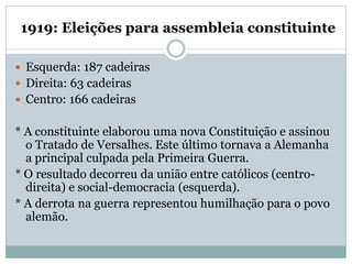 1919: Eleições para assembleia constituinte
 Esquerda: 187 cadeiras
 Direita: 63 cadeiras
 Centro: 166 cadeiras
* A constituinte elaborou uma nova Constituição e assinou
o Tratado de Versalhes. Este último tornava a Alemanha
a principal culpada pela Primeira Guerra.
* O resultado decorreu da união entre católicos (centro-
direita) e social-democracia (esquerda).
* A derrota na guerra representou humilhação para o povo
alemão.
 
