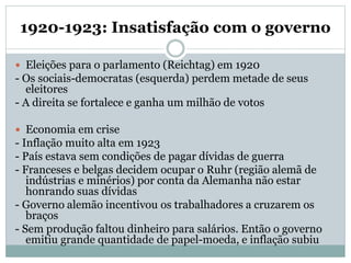 1920-1923: Insatisfação com o governo
 Eleições para o parlamento (Reichtag) em 1920
- Os sociais-democratas (esquerda) perdem metade de seus
eleitores
- A direita se fortalece e ganha um milhão de votos
 Economia em crise
- Inflação muito alta em 1923
- País estava sem condições de pagar dívidas de guerra
- Franceses e belgas decidem ocupar o Ruhr (região alemã de
indústrias e minérios) por conta da Alemanha não estar
honrando suas dívidas
- Governo alemão incentivou os trabalhadores a cruzarem os
braços
- Sem produção faltou dinheiro para salários. Então o governo
emitiu grande quantidade de papel-moeda, e inflação subiu
 