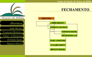 FECHAMENTO ABERTURA CONTEXTO HISTÓRICO JOHN WESLEY FILME: A DIRETORIA O CLUBE SANTO IMPACTO SOCIAL CONTEXTO SOCIAL UMA PEQUENA LUZ 