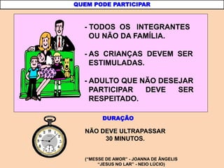 - TODOS OS INTEGRANTES
OU NÃO DA FAMÍLIA.
- AS CRIANÇAS DEVEM SER
ESTIMULADAS.
- ADULTO QUE NÃO DESEJAR
PARTICIPAR DEVE SER
RESPEITADO.
NÃO DEVE ULTRAPASSAR
30 MINUTOS.
QUEM PODE PARTICIPAR
DURAÇÃO
(“MESSE DE AMOR” - JOANNA DE ÂNGELIS
“JESUS NO LAR” - NEIO LÚCIO)
 