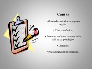 Causas
•Altos índices de desemprego na
região;
• Crise econômica;
• Pouca ou nenhuma representação
política da população;
• Ditaduras;
• Pouca liberdade de expressão.

 
