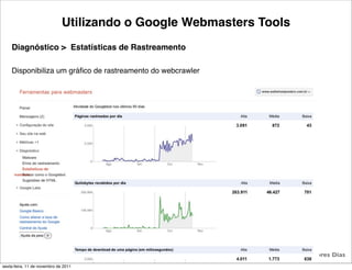 Utilizando o Google Webmasters Tools
    Diagnóstico > Estatísticas de Rastreamento

    Disponibiliza um gráﬁco de rastreamento do webcrawler




                                                 34                  Tiago Flores Dias
sexta-feira, 11 de novembro de 2011
 