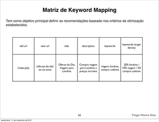 Matriz de Keyword Mapping
     Tem como objetivo principal deﬁnir as recomendações baseado nos critérios de otimização
     estabelecidos.




                                                                                                                keywords target
                    old url               new url             title            description      keywords
                                                                                                                    density




                                                         Oferta do Dia,   Compre viagem                          20% londres /
                                      /ofertas-do-dia/                                       viagem, londres,
                  /index.php                              Viagem para     para Londres a                        10% viagem / 5%
                                        xx-xx-xxxx                                           compra coletiva
                                                            Londres       preços incríveis                      compra coletiva




                                                                          43                                           Tiago Flores Dias
sexta-feira, 11 de novembro de 2011
 