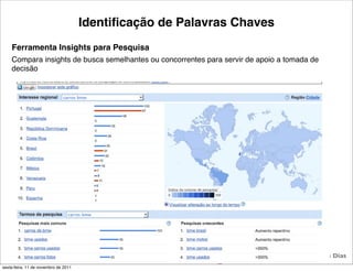 Identiﬁcação de Palavras Chaves
    Ferramenta Insights para Pesquisa
    Compara insights de busca semelhantes ou concorrentes para servir de apoio a tomada de
    decisão




                                                     9                            Tiago Flores Dias
sexta-feira, 11 de novembro de 2011
 