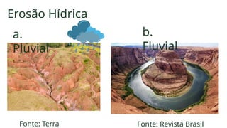 Erosão Hídrica
b.
Fluvial
a.
Pluvial
Fonte: Terra Fonte: Revista Brasil
 