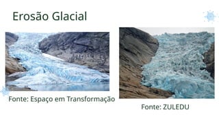 Fonte: Espaço em Transformação
Erosão Glacial
Fonte: ZULEDU
 