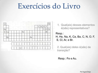 Prof. Augusto Sérgio
Exercícios do Livro
2. Qual(ais) deles é(são) de
transição?
Resp.:
H, He, Na, K, Ca, Ba, C, N, O, F,
S, Cl, Ar, e Br.
1. Qual(ais) desses elementos
é(são) representativos?
Resp.: Fe e Au.
 