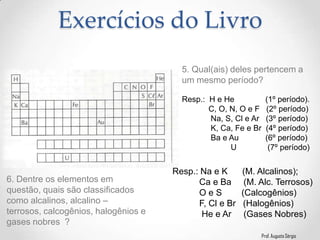 Prof. Augusto Sérgio
Exercícios do Livro
6. Dentre os elementos em
questão, quais são classificados
como alcalinos, alcalino –
terrosos, calcogênios, halogênios e
gases nobres ?
Resp.: H e He (1º período).
C, O, N, O e F (2º período)
Na, S, Cl e Ar (3º período)
K, Ca, Fe e Br (4º período)
Ba e Au (6º período)
U (7º período)
5. Qual(ais) deles pertencem a
um mesmo período?
Resp.: Na e K (M. Alcalinos);
Ca e Ba (M. Alc. Terrosos)
O e S (Calcogênios)
F, Cl e Br (Halogênios)
He e Ar (Gases Nobres)
 