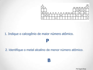 Prof. Augusto Sérgio
1. Indique o calcogênio de maior número atômico.
2. Identifique o metal alcalino de menor número atômico.
P
B
 