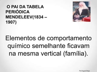 Prof. Augusto Sérgio
O PAI DA TABELA
PERIÓDICA
MENDELEEV(1834 –
1907)
Elementos de comportamento
químico semelhante ficavam
na mesma vertical (família).
 
