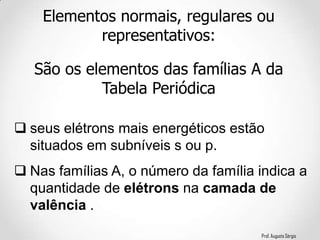 Prof. Augusto Sérgio
 seus elétrons mais energéticos estão
situados em subníveis s ou p.
 Nas famílias A, o número da família indica a
quantidade de elétrons na camada de
valência .
Elementos normais, regulares ou
representativos:
São os elementos das famílias A da
Tabela Periódica
 