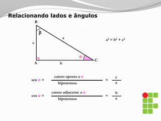 Ângulos complementaresB⍺ +  = 90º5⇒3Os ângulos ⍺ e  são complementares⍺CA4334tg ⍺ =sen ⍺ =cos ⍺ =554443tg  =sen  =cos  =553