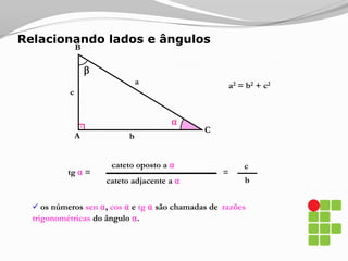 Ângulos complementaresB⍺ +  = 90ºa⇒cOs ângulos ⍺ e  são complementares⍺CAb1tg ⍺ =sen ⍺ = cos cos ⍺ = sen tg 