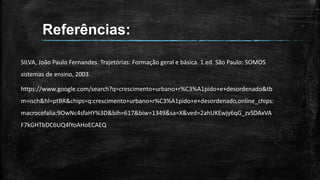 Referências:
SILVA, João Paulo Fernandes. Trajetórias: Formação geral e básica. 1.ed. São Paulo: SOMOS
sistemas de ensino, 2003.
https://www.google.com/search?q=crescimento+urbano+r%C3%A1pido+e+desordenado&tb
m=isch&hl=ptBR&chips=q:crescimento+urbano+r%C3%A1pido+e+desordenado,online_chips:
macrocefalia:9OwNc4sfaHY%3D&bih=617&biw=1349&sa=X&ved=2ahUKEwjy6qG_zvSDAxVA
F7kGHTbDC6UQ4lYoAHoECAEQ
 