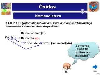 Óxidos
                        Nomenclatura
A I.U.P.A.C. (International Union of Pure and Applied Chemistry)
recomenda a nomenclatura de prefixos:

             Óxido de ferro (III).
Fe 2 O 3 :   Óxido férrico.
             Trióxido de diferro. (recomendada)
                                                    Concorda
                                                    que a de
                                                   prefixos é a
                                                   mais fácil?




                                                                   10
 
