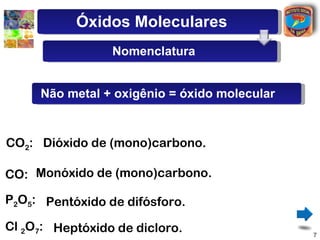 Óxidos Moleculares
                 Nomenclatura


     Não metal + oxigênio = óxido molecular


CO2: Dióxido de (mono)carbono.

CO: Monóxido de (mono)carbono.

P2O5: Pentóxido de difósforo.

Cl 2O7: Heptóxido de dicloro.
                                              7
 
