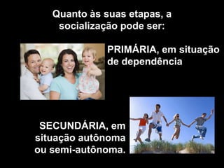 Quanto às suas etapas, a
socialização pode ser:
PRIMÁRIA, em situação
de dependência

SECUNDÁRIA, em
situação autônoma
ou semi-autônoma.

 