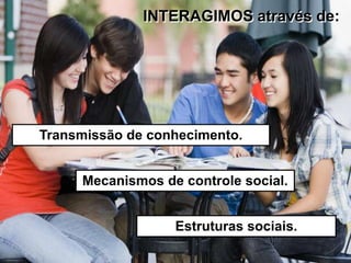 INTERAGIMOS através de:

Transmissão de conhecimento.
Mecanismos de controle social.
Estruturas sociais.

 