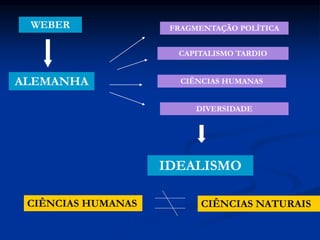 FRAGMENTAÇÃO POLÍTICA
CAPITALISMO TARDIO
CIÊNCIAS HUMANAS
DIVERSIDADE
ALEMANHA
IDEALISMO
CIÊNCIAS HUMANAS CIÊNCIAS NATURAIS
WEBER
 