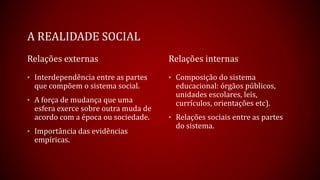 A REALIDADE SOCIAL
Relações externas
• Interdependência entre as partes
que compõem o sistema social.
• A força de mudança que uma
esfera exerce sobre outra muda de
acordo com a época ou sociedade.
• Importância das evidências
empíricas.
Relações internas
• Composição do sistema
educacional: órgãos públicos,
unidades escolares, leis,
currículos, orientações etc).
• Relações sociais entre as partes
do sistema.
 