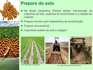 Preparo do solo
 No Brasil predomina (Plantio direto): manutenção da
cobertura do solo, ausência de revolvimento e a rotação de
culturas
 Preparo mínimo com implementos de escarificação
 Preparo convencional
 Importante análise de solo e calagem
Fonte: https://www.comprerural.com Fonte: https://www.agencia.cnptia.embrapa.br
 