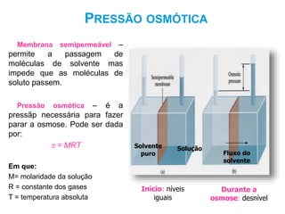PRESSÃO OSMÓTICA
Membrana semipermeável –
permite a passagem de
moléculas de solvente mas
impede que as moléculas de
soluto passem.
Pressão osmótica – é a
pressãp necessária para fazer
parar a osmose. Pode ser dada
por:
 = MRT
Em que:
M= molaridade da solução
R = constante dos gases
T = temperatura absoluta
61
Fluxo do
solvente
Solução
Solvente
puro
Início: níveis
iguais
Durante a
osmose: desnível
 