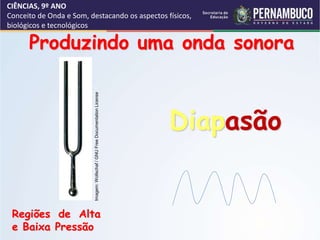 CIÊNCIAS, 9º ANO
Conceito de Onda e Som, destacando os aspectos físicos,
biológicos e tecnológicos
Produzindo uma onda sonora
Diapasão
Regiões de Alta
e Baixa Pressão
Imagem:
Wollschaf
/
GNU
Free
Documentation
License
 