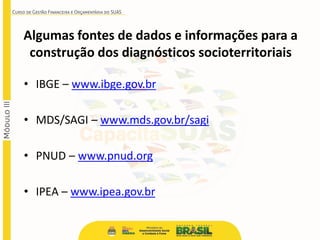 Algumas fontes de dados e informações para a
construção dos diagnósticos socioterritoriais
• IBGE – www.ibge.gov.br
• MDS/SAGI – www.mds.gov.br/sagi
• PNUD – www.pnud.org
• IPEA – www.ipea.gov.br
 