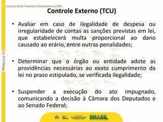 • Avaliar em caso de ilegalidade de despesa ou
irregularidade de contas as sanções previstas em lei,
que estabelecerá multa proporcional ao dano
causado ao erário, entre outras penalidades;
• Determinar que o órgão ou entidade adote as
providências necessárias ao exato cumprimento da
lei no prazo estipulado, se verificada ilegalidade;
• Suspender a execução do ato impugnado,
comunicando a decisão à Câmara dos Deputados e
ao Senado Federal;
Controle Externo (TCU)
 