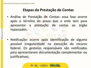 Etapas da Prestação de Contas
• Análise de Prestação de Contas: essa fase ocorre
após o término do prazo que o ente tem para
apresentar a prestação de contas ao órgão
repassador;
• Notificação: ocorre após identificação de alguma
possível irregularidade na execução do recurso
federal. Os gestores responsáveis são notificados
para apresentarem documentação complementar ou
justificativas;
 